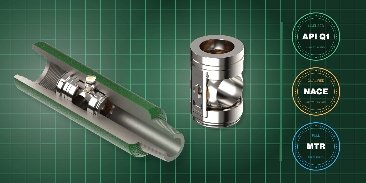 M&M Oil Tools PWC Cartridge well-control valve components showing precision internal machining, alongside API Q1, NACE MR0175, and full material traceability qualification credentials for well control valve manufacturing