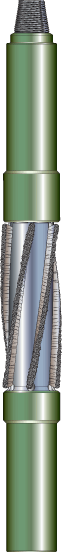 Illustration of a green oilfield casing brush tool with spiral wire brushes for wellbore cleaning.