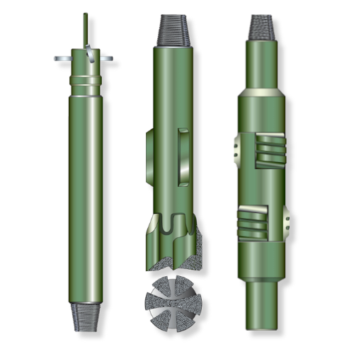 Illustration of three oilfield tools—an inside blowout preventer (IBOP), a bladed mill, and a casing scraper—shown side by side in green for downhole wellbore operations.