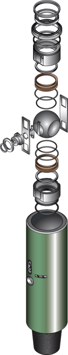 Exploded illustration of a green well-control valve showing internal components including springs, seals, ball valve assembly, and housing.
