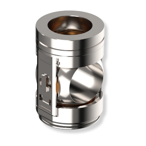 Vertical kelly valve cartridge assembly showing the floating ball and internal sealing components in a stainless-steel housing.